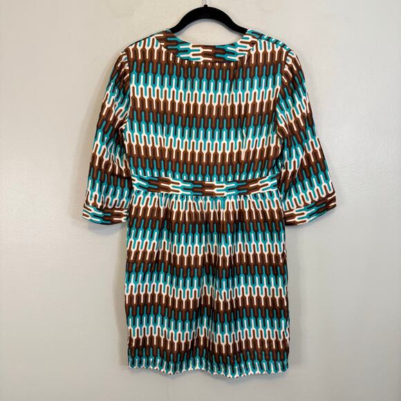 Vintage 80s Milly NY Mini Kimono Dress XS/S Blue Geometric Silk Pullover V-Neck - Picture 2 of 10